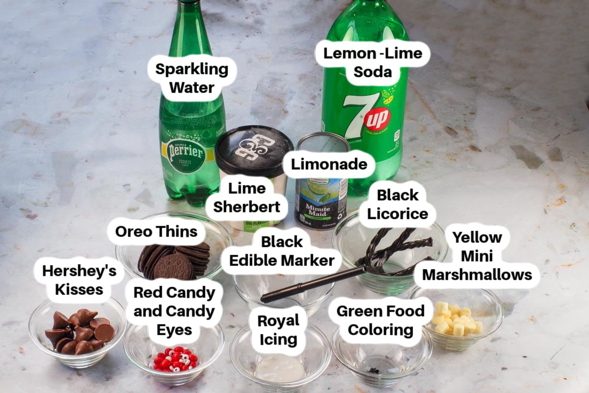 Ingredients in Melting Witch Punch on a table, labelled.