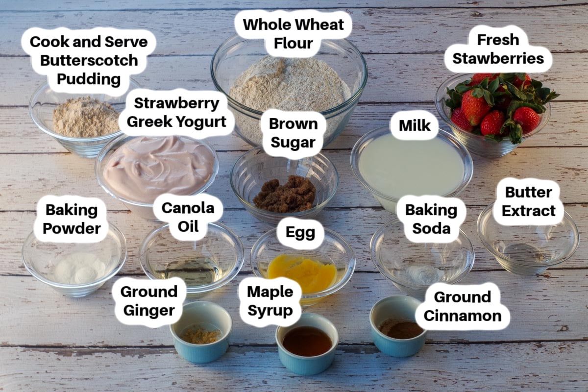 Ingredients in Strawberry Gingerbread pancake cupcakes in glass bowls, labelled.