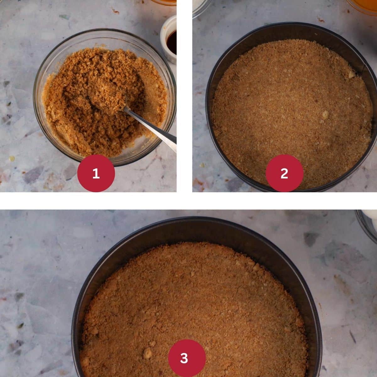 Collage of 3 photos of Bread Pudding Cheesecake Base being made.