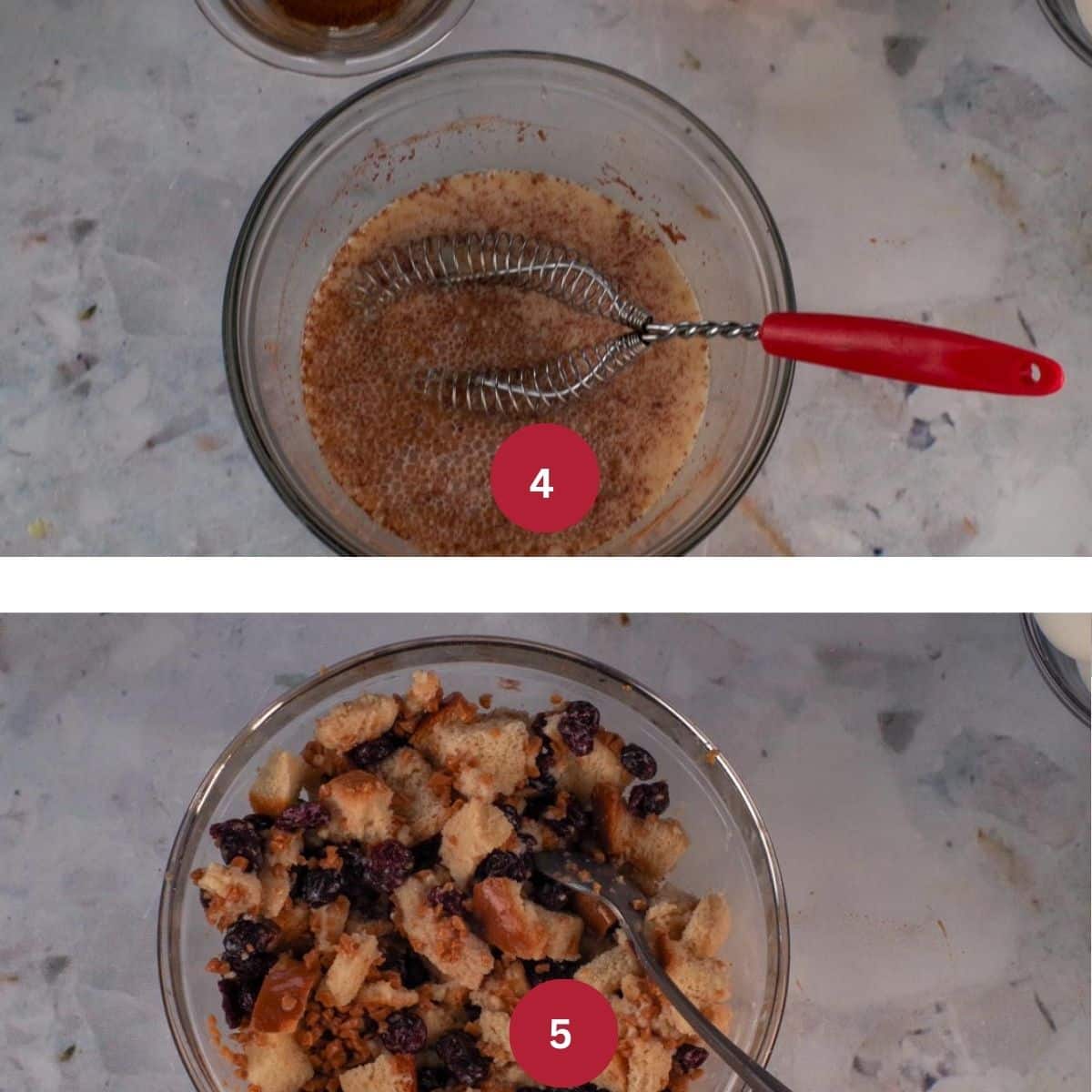 Collage of 2 photos of filling for Bread pudding cheesecake being made.