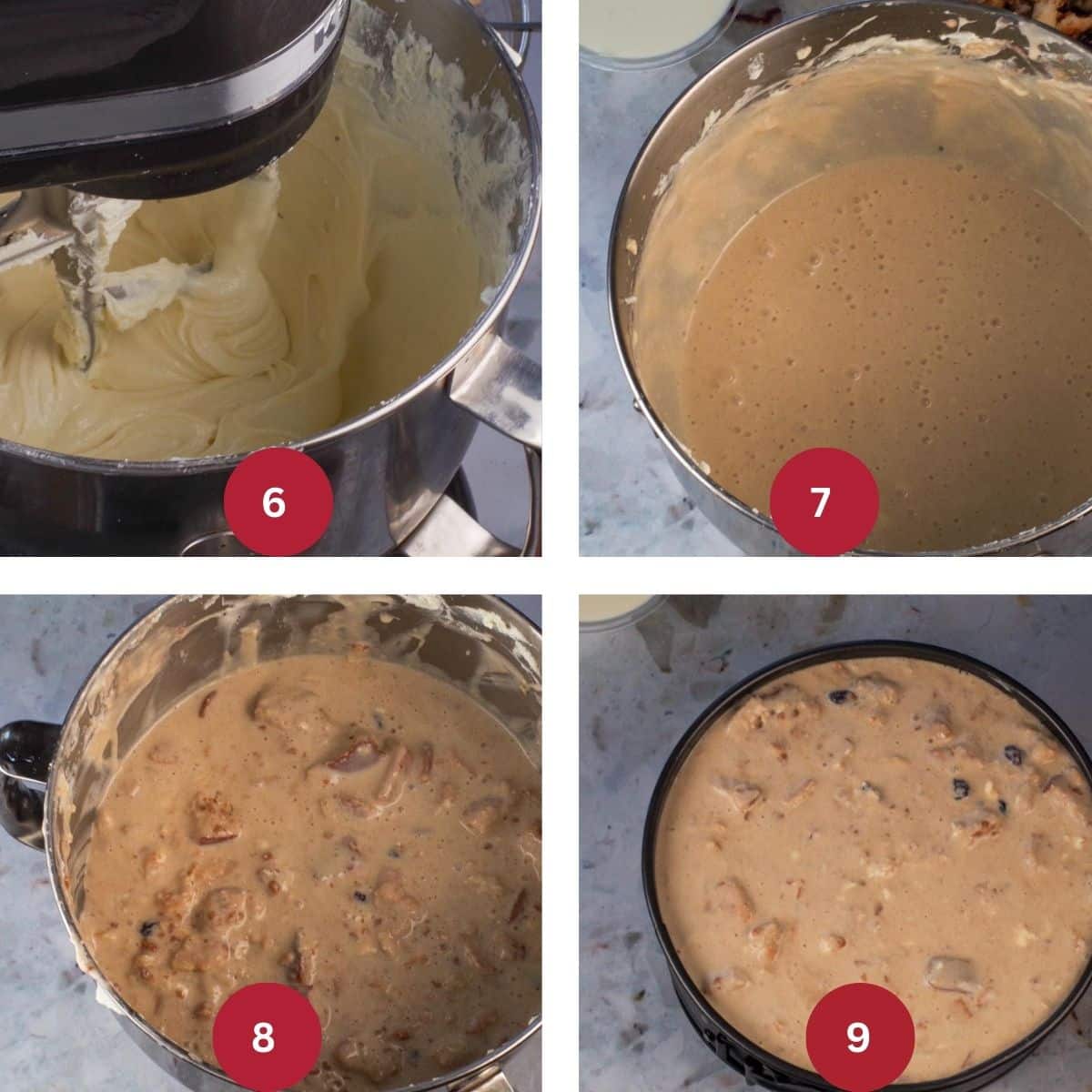 Collage of 4 photos of Bread Pudding Cheesecake being made.