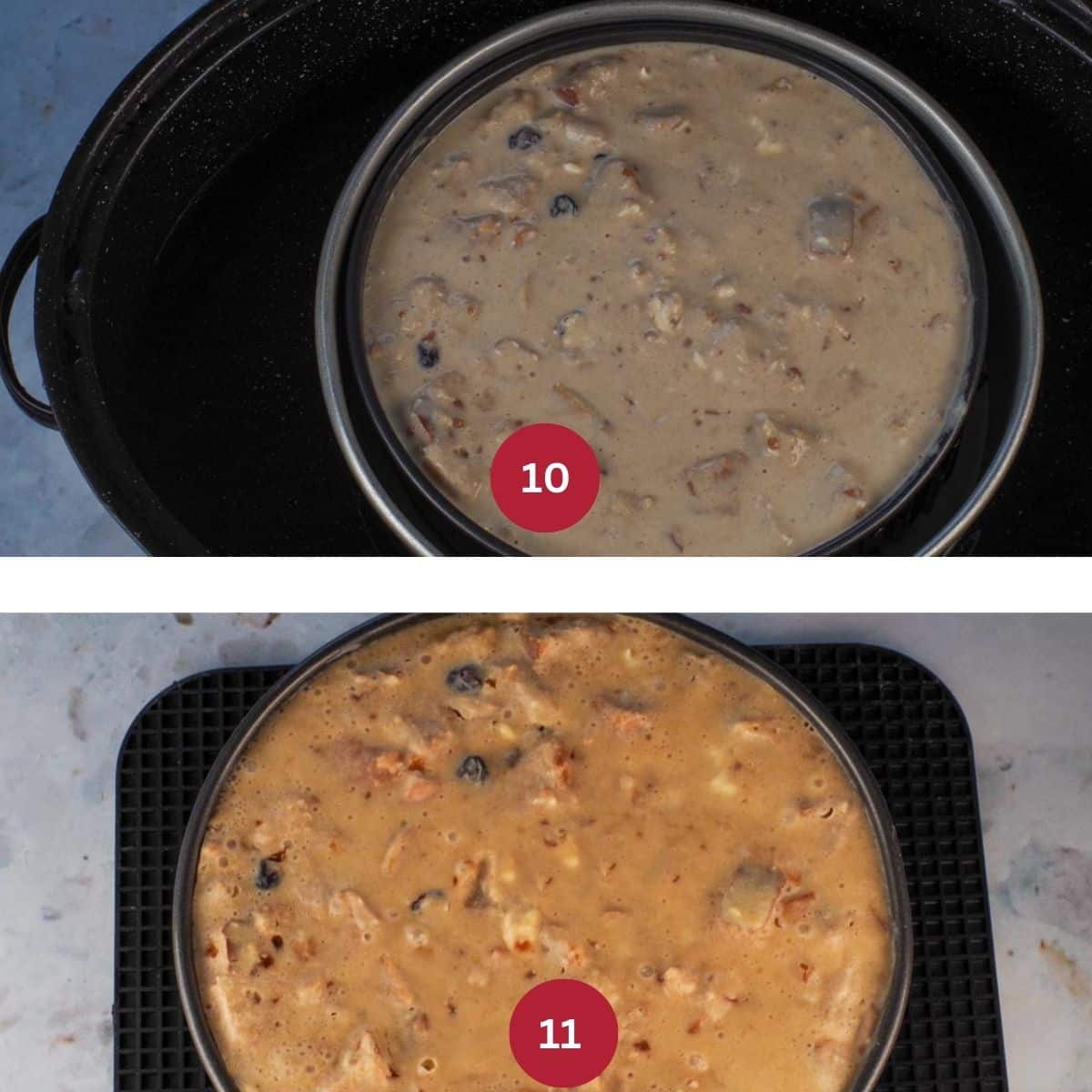 2 photos of baking cheesecake in water bath and cooked cheesecake.