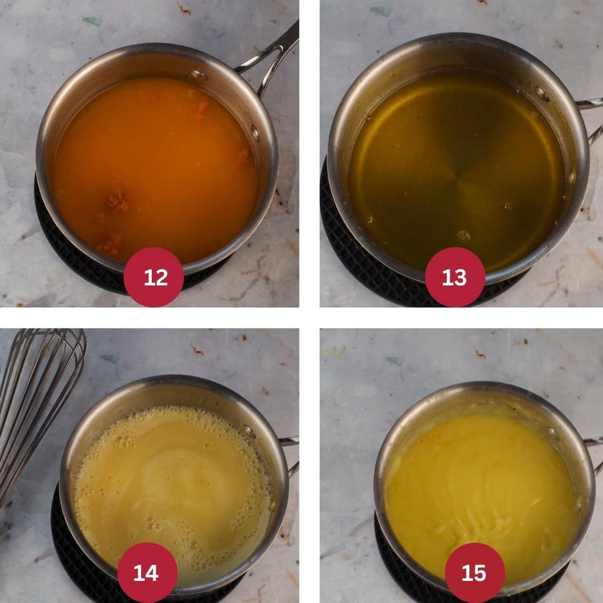 Collage of 4 photos of Bread Pudding Cheesecake Caramel Orange sauce being made and thickened.