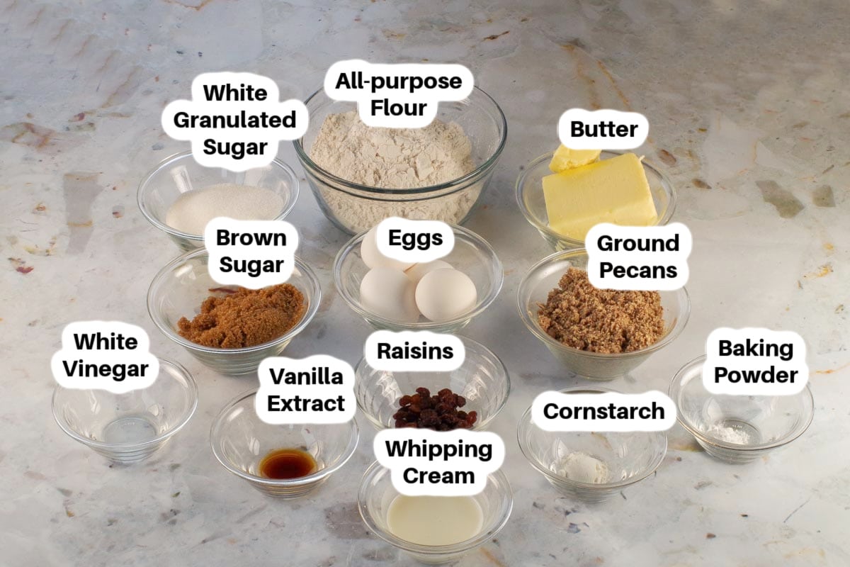 Ingredients in Butter Tart Cookies in glass bowls, labelled.
