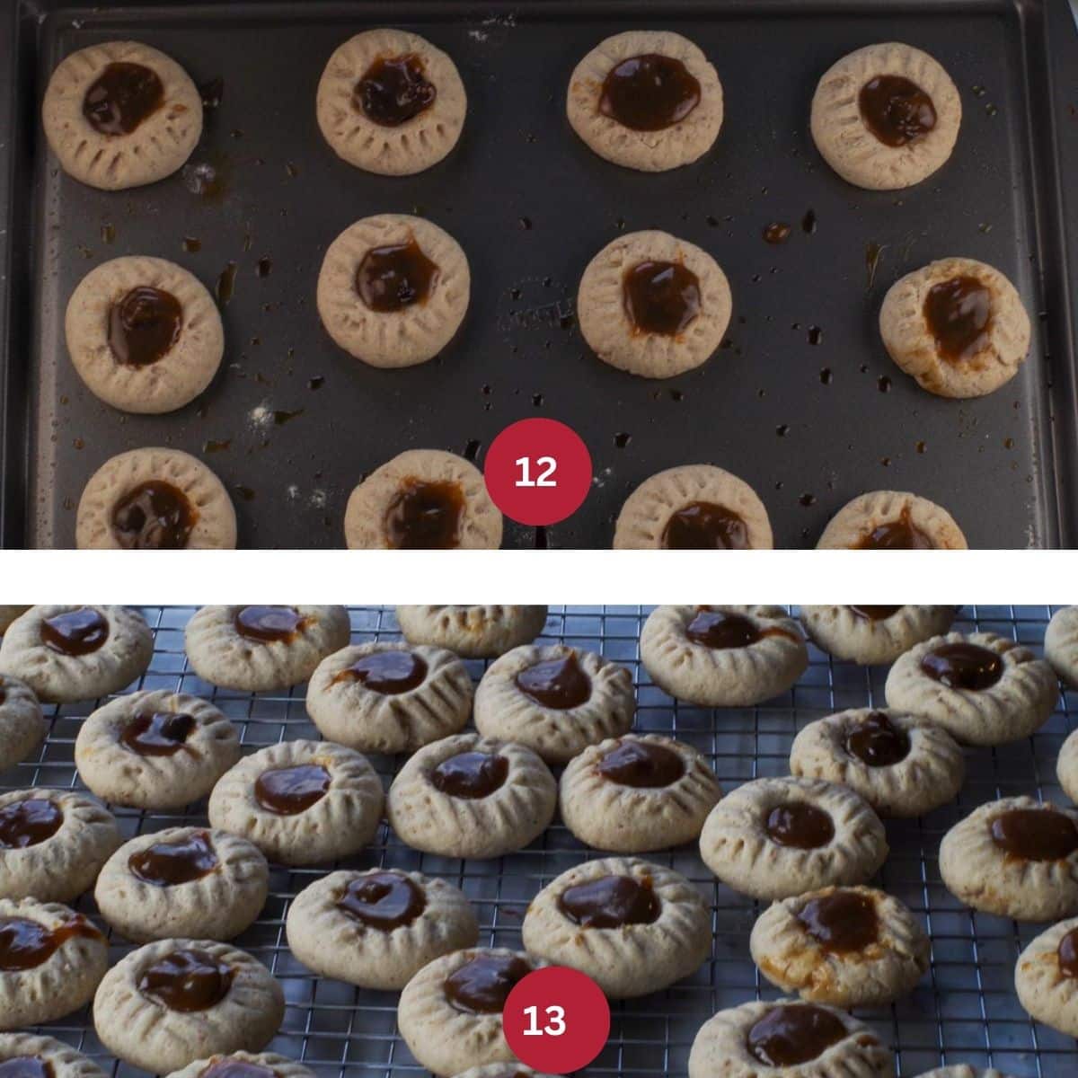 Butter Tart Cookies being   filled and cooled on wire rack.