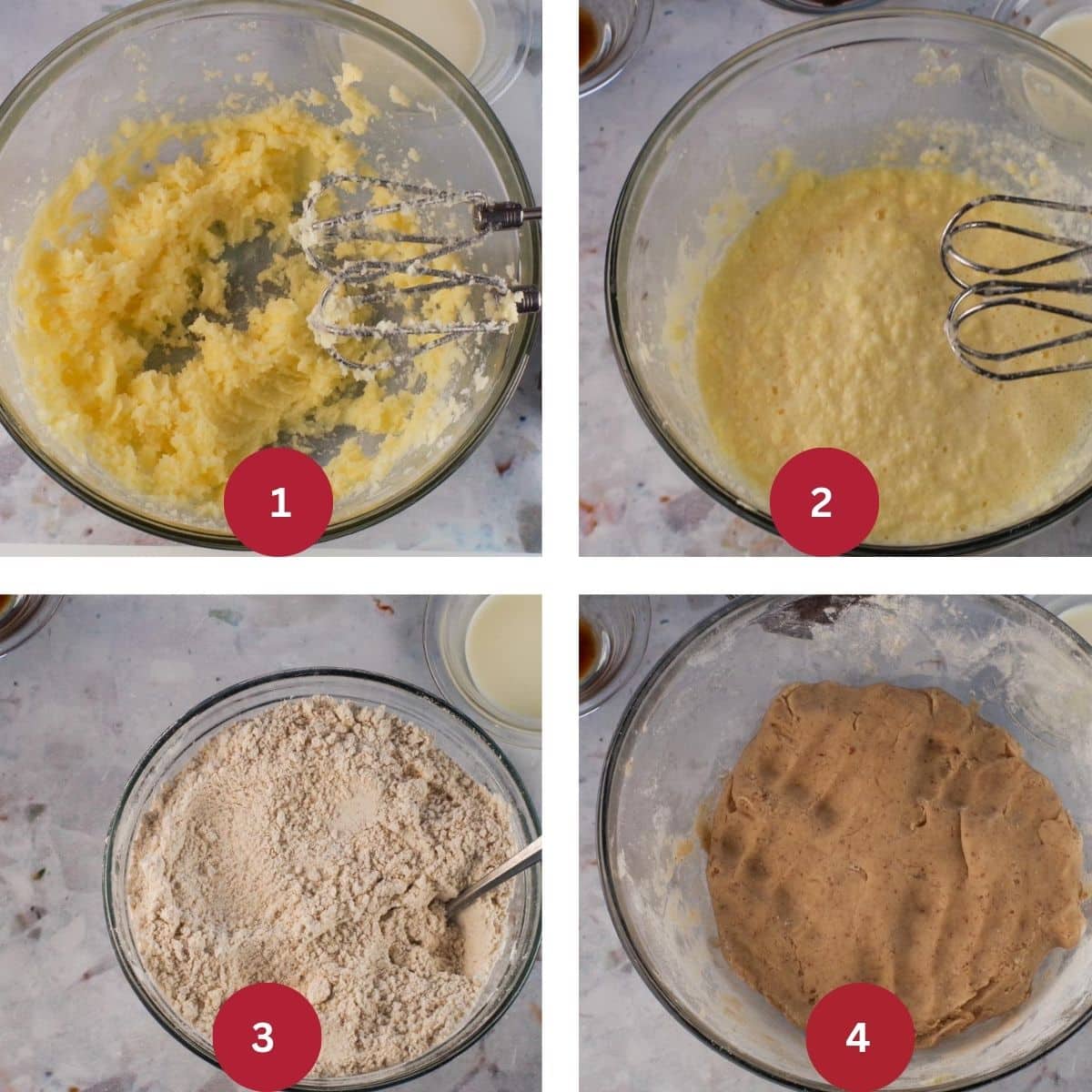 Collage of 4 photos of butter tart cookie dough being made.