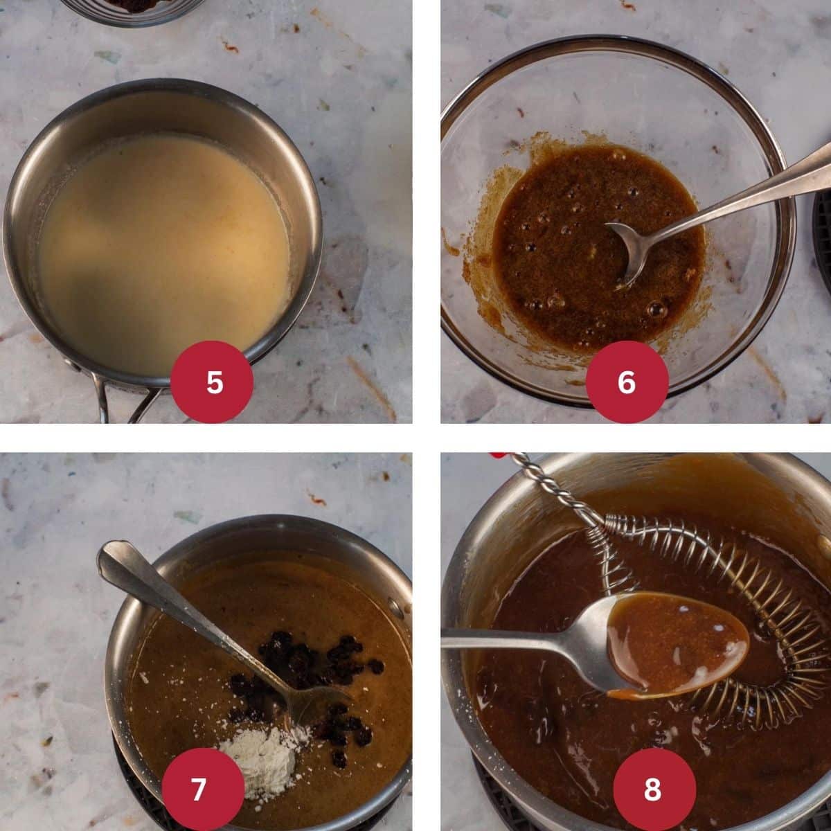 Collage of 4 photos of Butter tart filling for cookies being made.