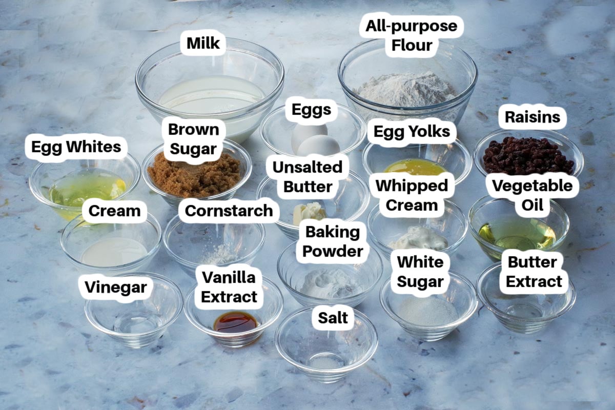 Butter tart waffle ingredients in glass bowls, labelled.