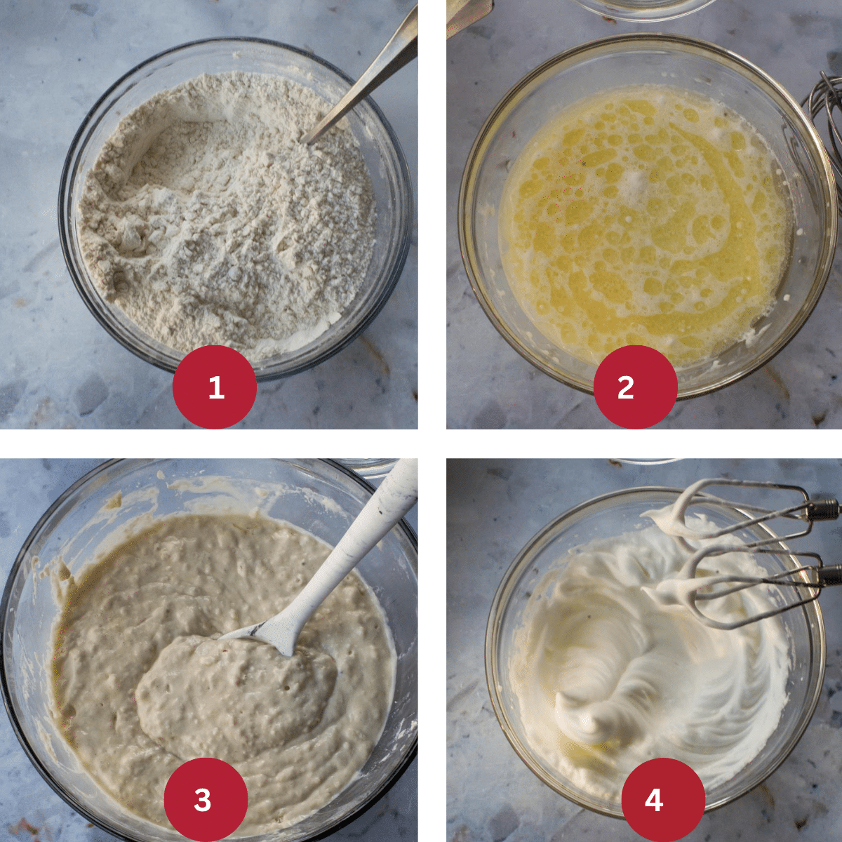 Collage of 4 photos of waffle batter being made