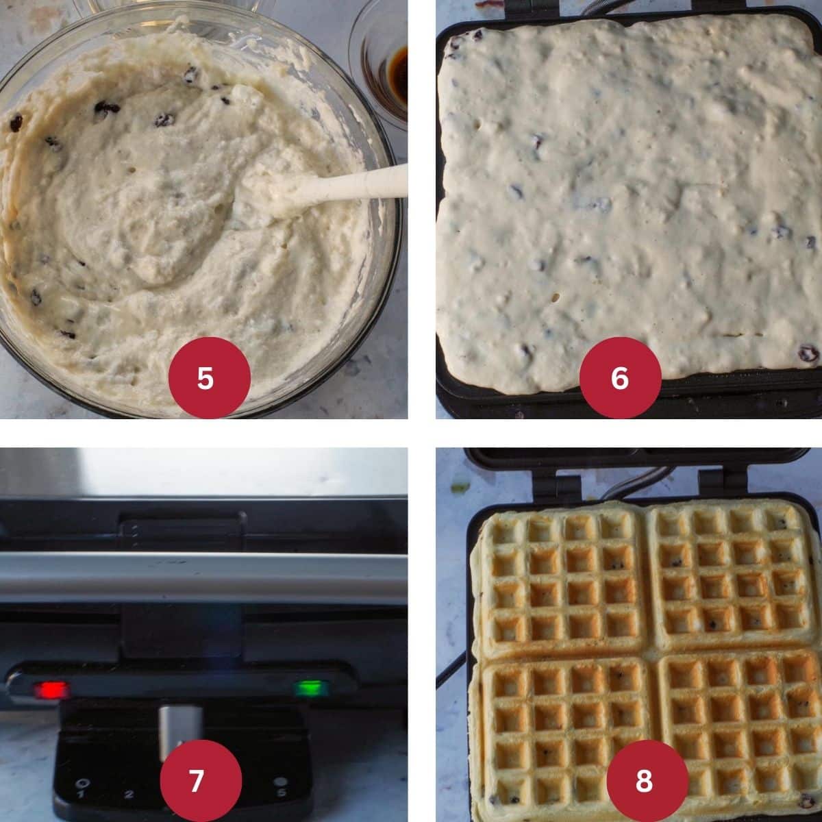Collage of 4 photos of waffles being made on a waffle iron
