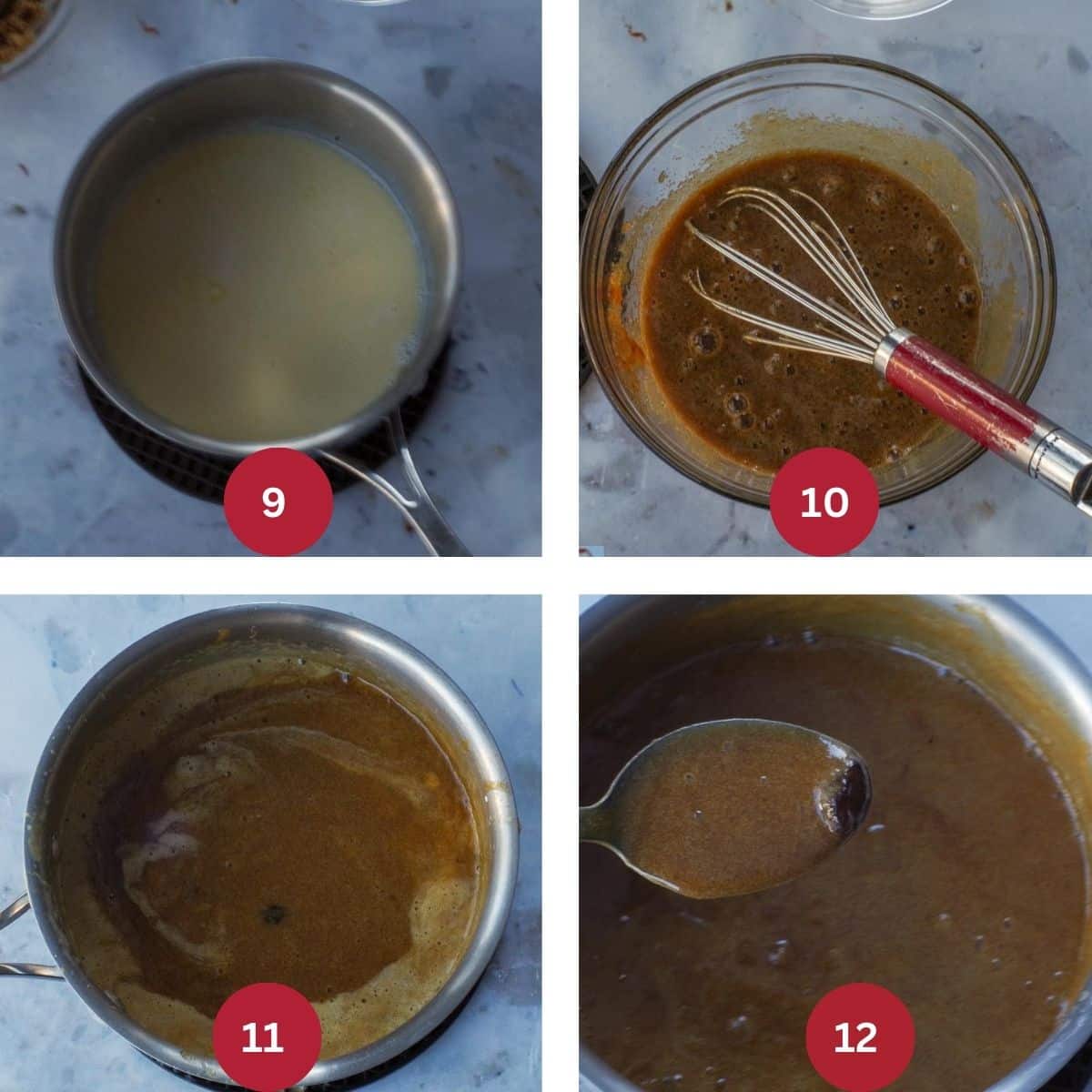 Collage of 4 photos of butter Tart Sauce for Butter tart waffles being made.