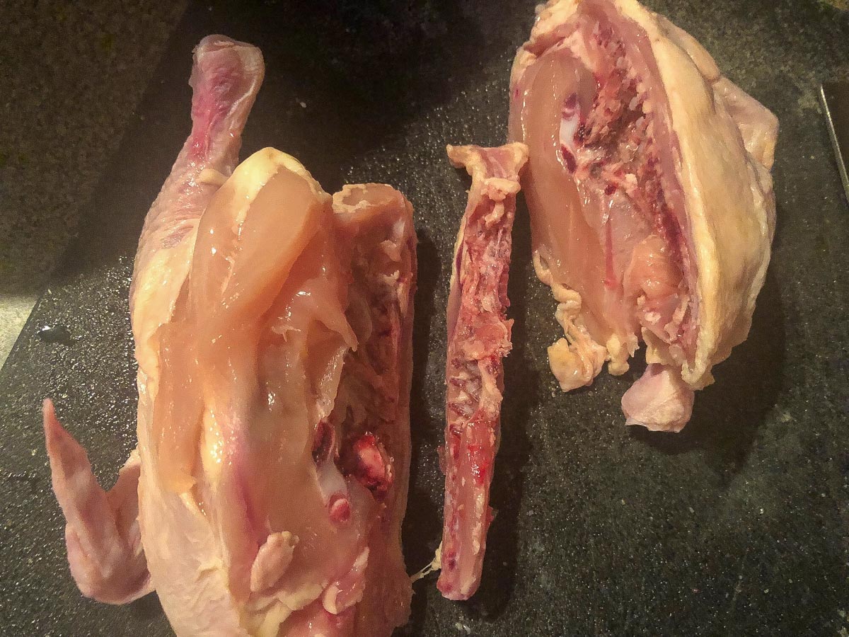 Backbone being partially removed from Cornish Hen.