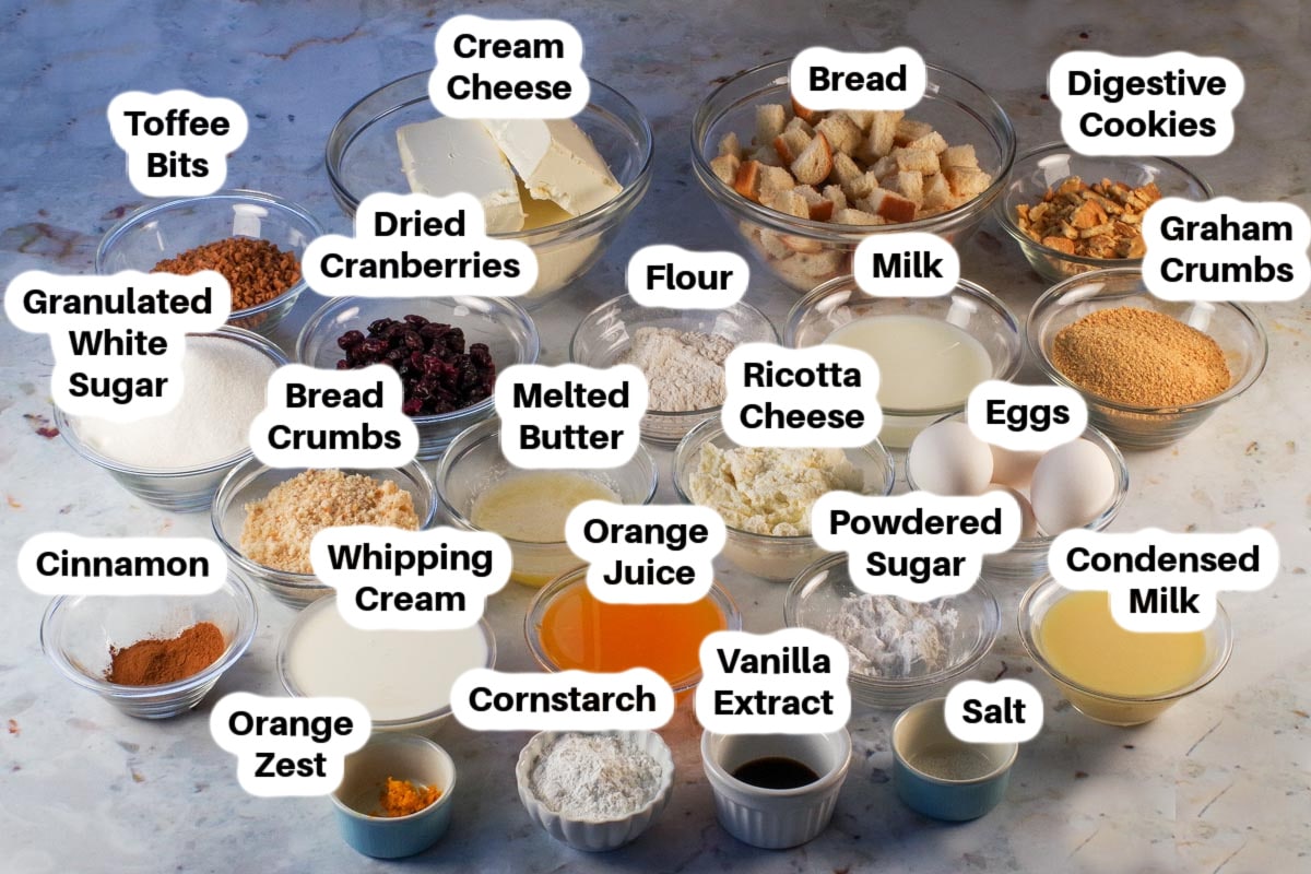 Cranberry Bread Pudding cheesecake ingredients in glass bowls, labelled,