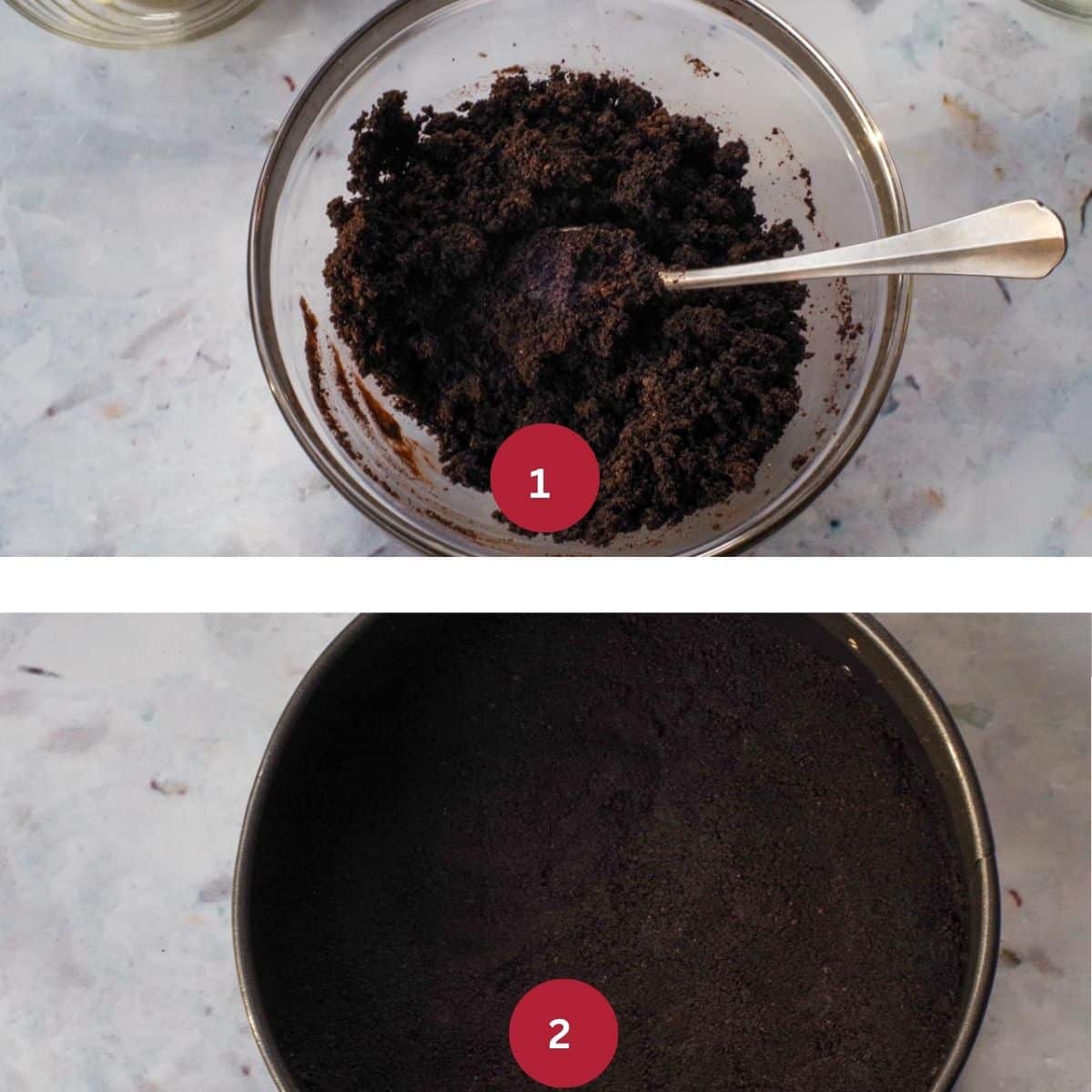 Collage of 2 photos of Grand Marnier Chocolate Crust being made