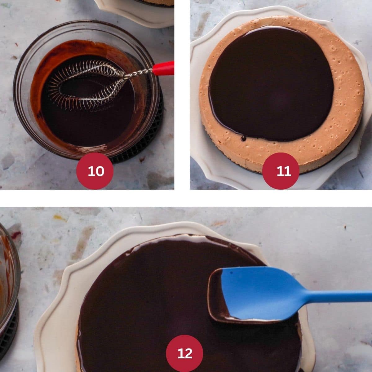 Collage of 3 photos of Glaze being made and poured on cake.