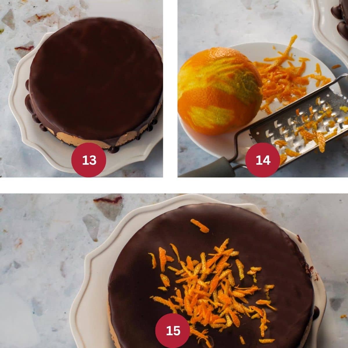 Collage of 3 photos of cake glaze set and cake garnished.