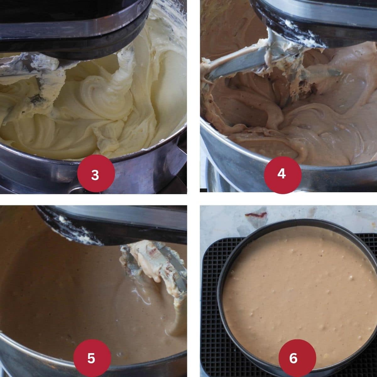 Collage of 4 photos of Grand Marnier cheesecake filling being made.