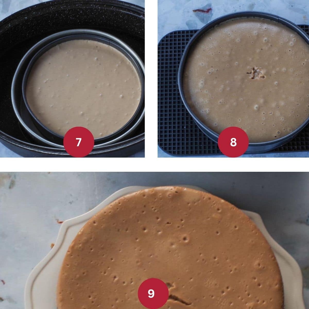 Collage of 3 photos of cheesecake in a water bath and cheesecake being baked .
