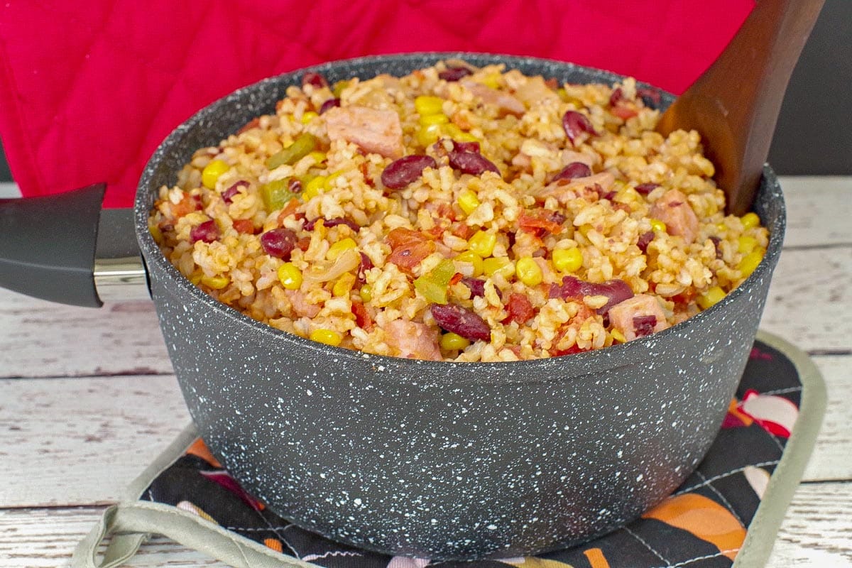 A pot of Ham, rice and beans.