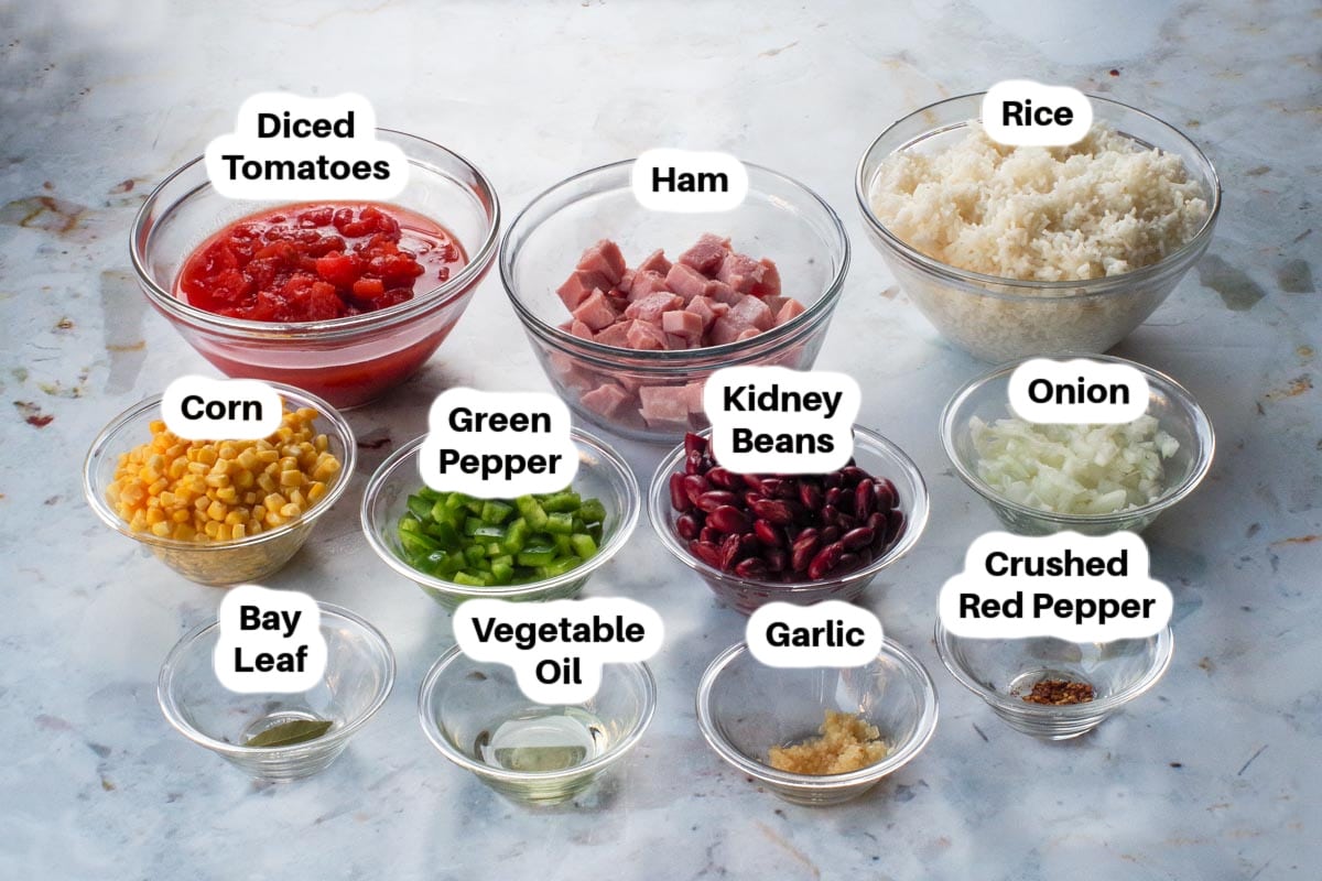 Leftover Ham, Rice and Bean ingredients in glass bowls, labelled.