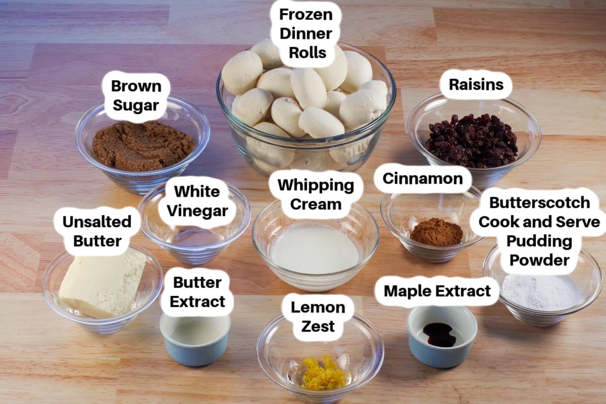 Ingredients in Overnight Sticky Buns in glass bowls, labelled.