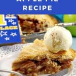Award-winnnig Apple Pie with ice cream on top, on a white plate with more pie and a blue ribbon in the background.