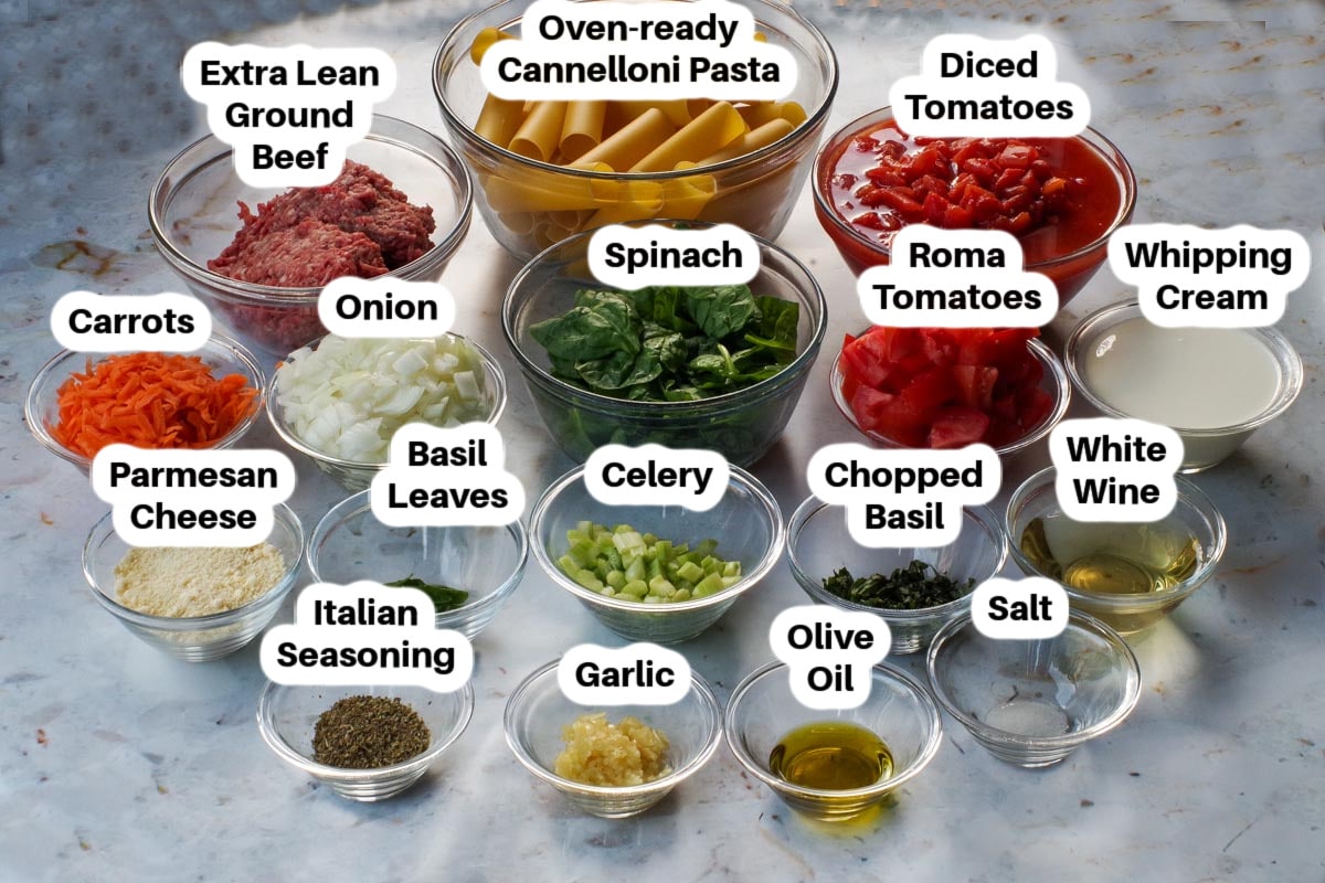 Baked Beef Cannelloni Ingredients in glass bowls, labelled.