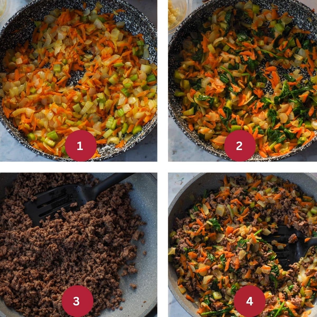 Collage of 4 photos of cannelloni ground beef vegetable filling being cooked.
