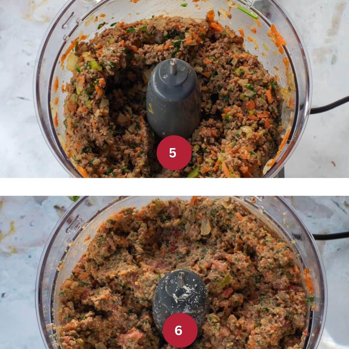 Collage of 2 photos of Cannelloni filling being pureed.