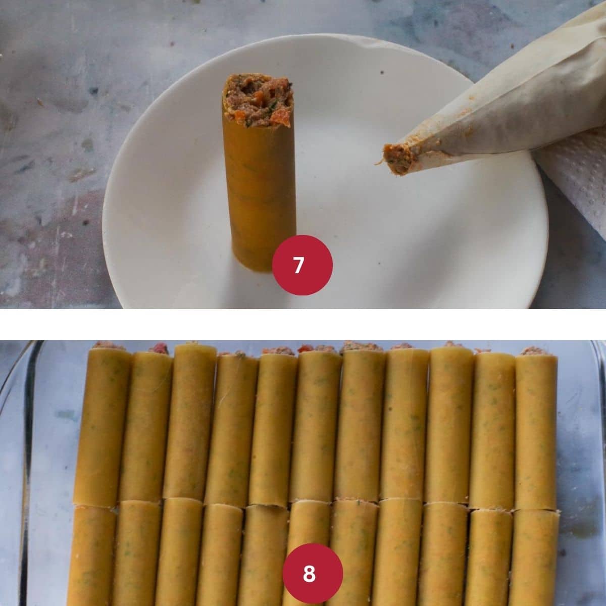 Collage of 2 photos of Cannelloni shells being filled and placed in pan.