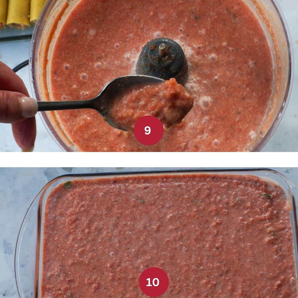 Collage of 2 photos of sauce for beef cannelloni being made.