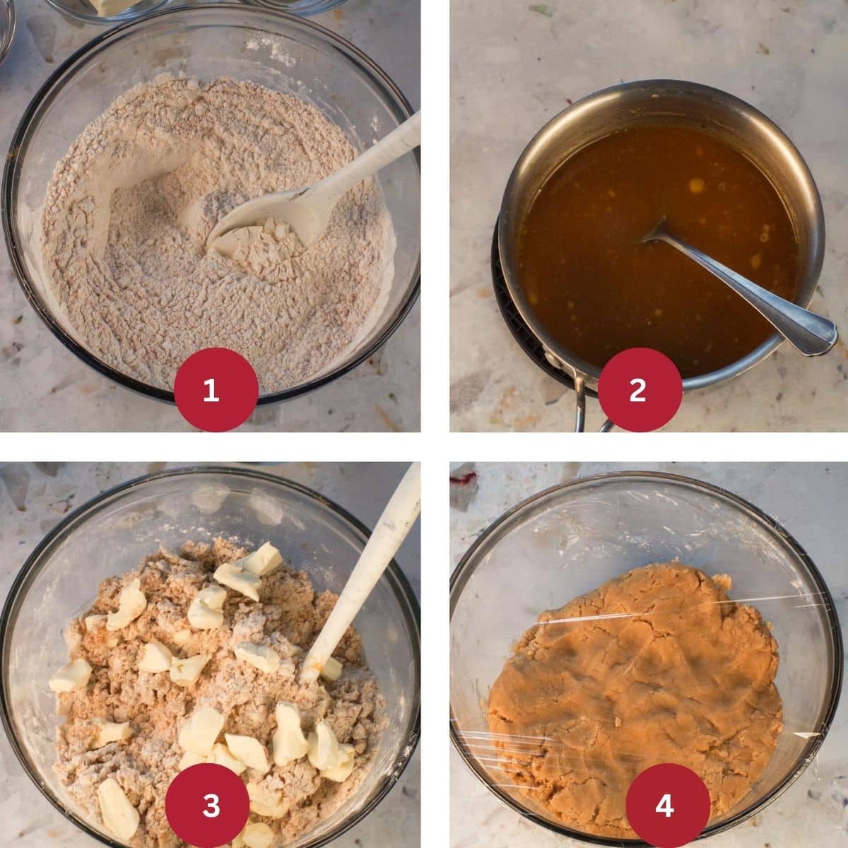 Collage of 4 photos of gingerbread yule log dough being made.