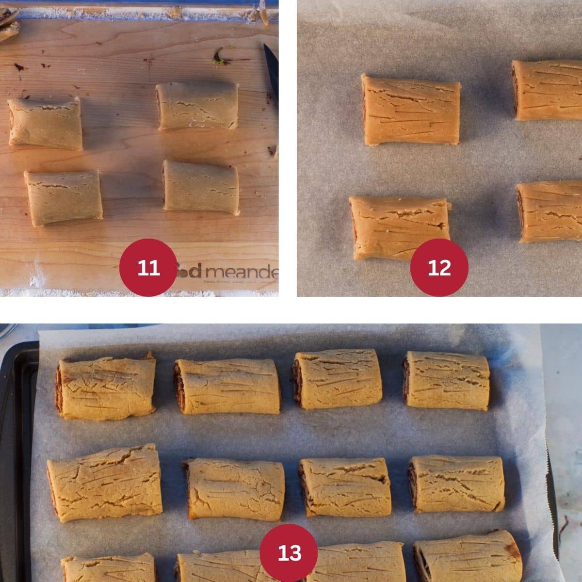 Collage of 3 photos of Gingerbread Yule log cookies being cut and baked.