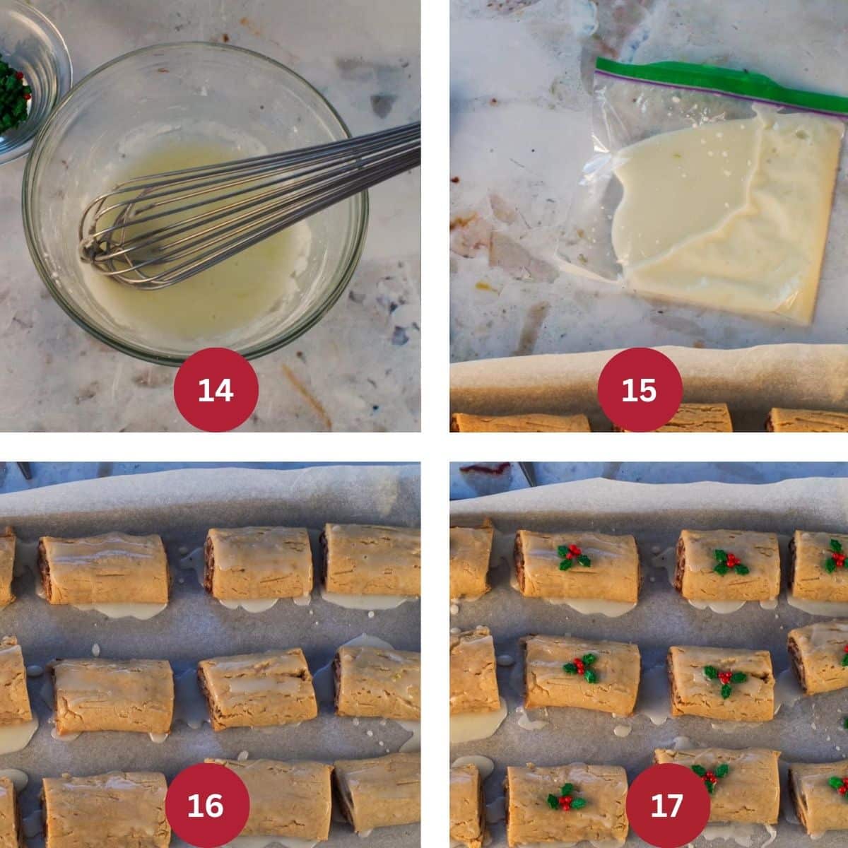 Collage of 4 photos of Yule log cookies being glazed and decorated.