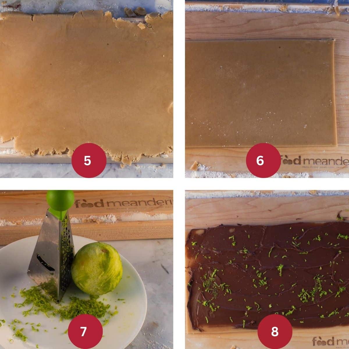 Collage of 4 photos of Gingerbread yule log cookie dough being rolled and filled.