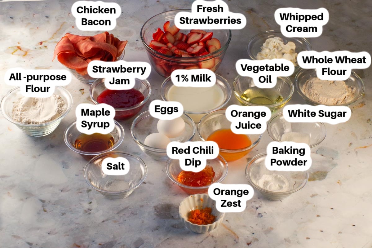 Ingredients in Healthy Chcken Waffle Sandwich labelled, in glass bowls.