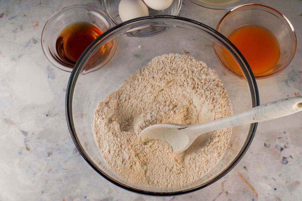 Healthy Chicken Waffle Sandwich dry ingredients in a large glass bowl.