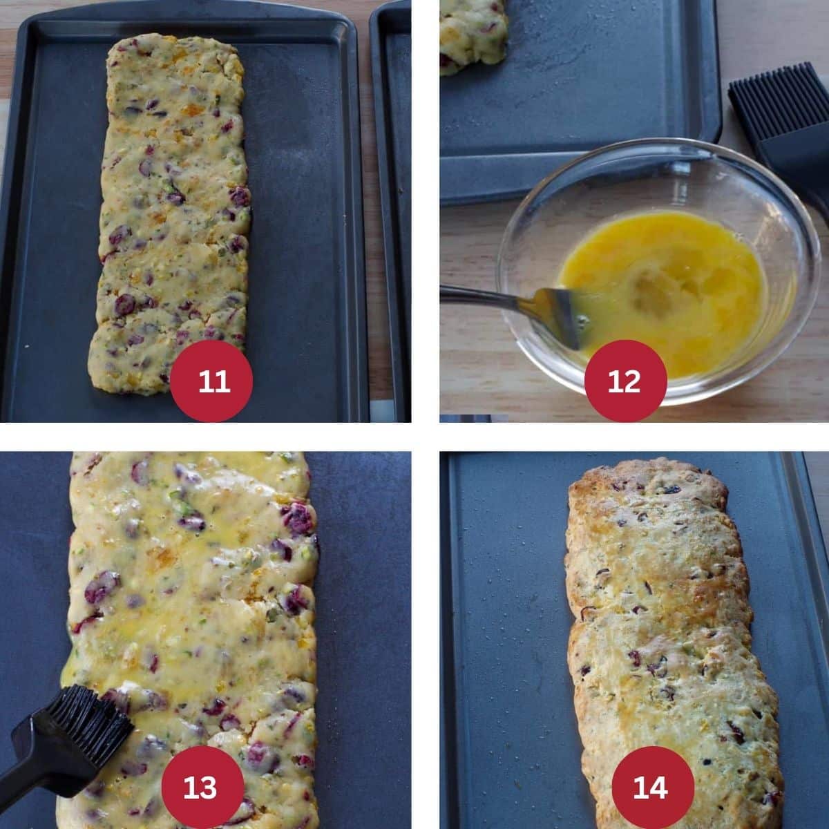 Collage of 4 photos of baking biscotti (1st bake)