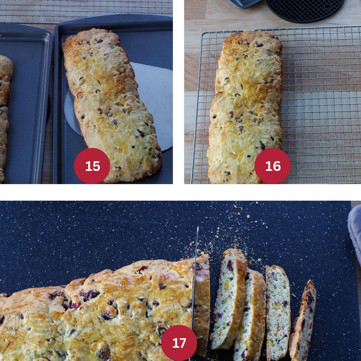 Collage of 3 photos of biscotti loaves being cooled and sliced.