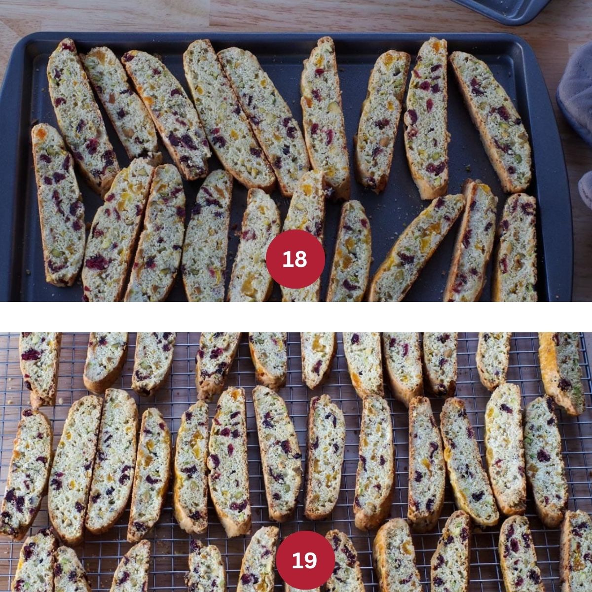 Collage of 2 photos of biscotti being baked for the 2nd time, then cooled on a wire rack.