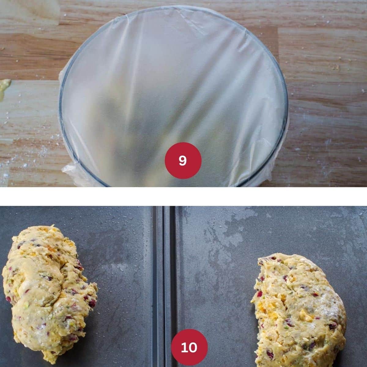 Collage of 2 photos of biscotti dough being chilled and divided.