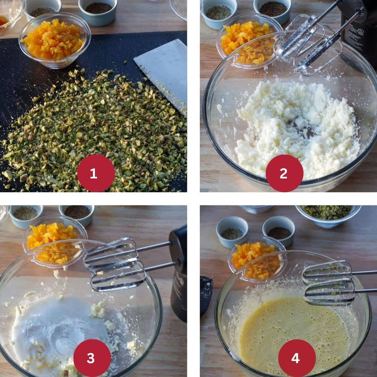 Collage of 4 photos of Holiday Biscotti Dough being made.