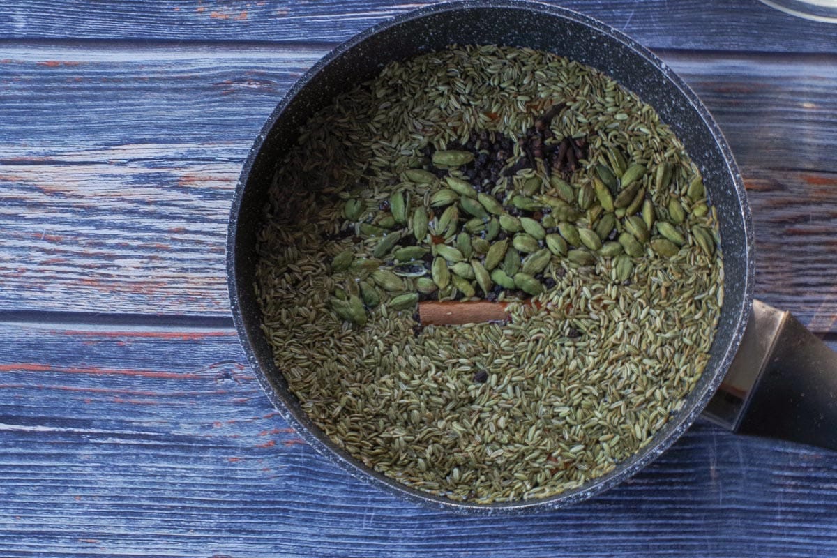 Spices and water added to pot.