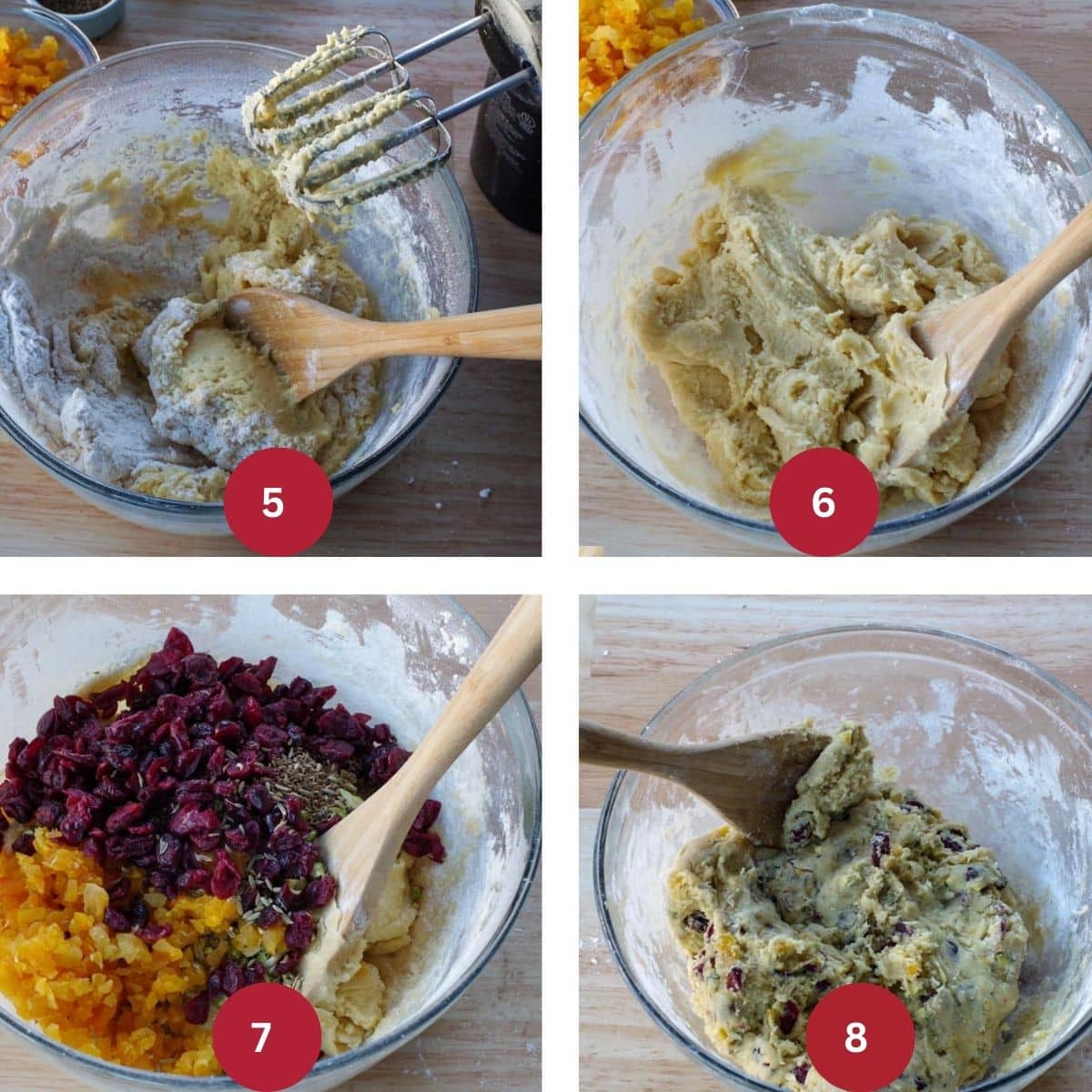 Collage of 4 photos of Holiday biscotti dough being made.