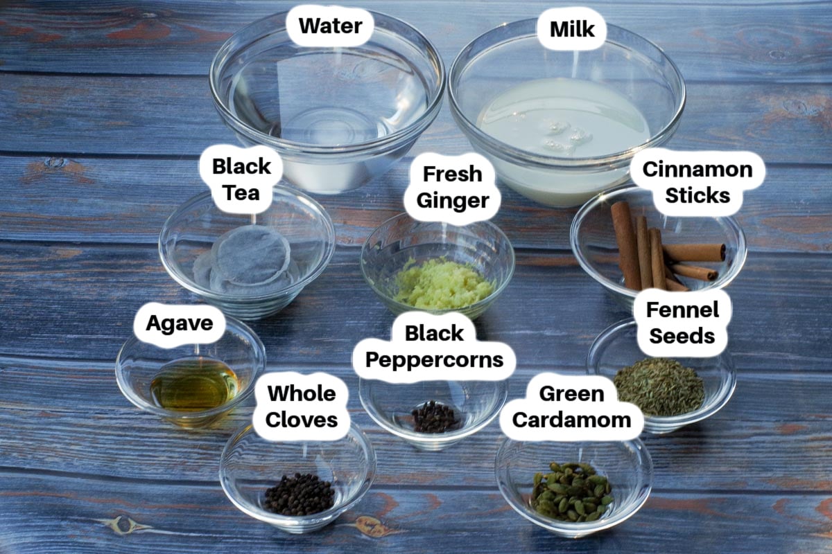 Ingredients needed for Masala Chai Tea in glass bowls, labelled.