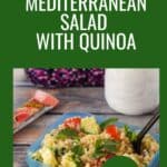 Mediterranean Quinoa salad in a blue tupperware container with a spoon in it.