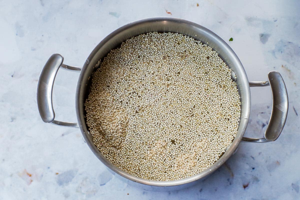 Uncooked quinoa in a pot.