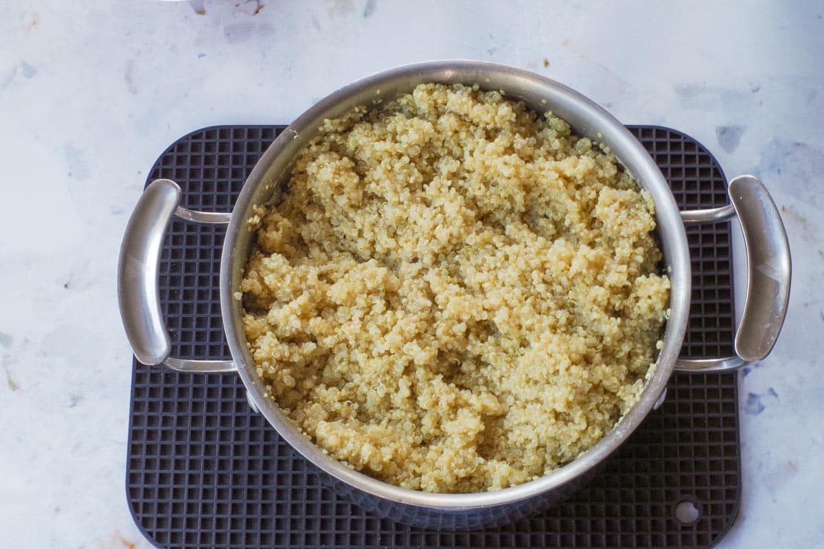 Cooked quinoa in a pot.
