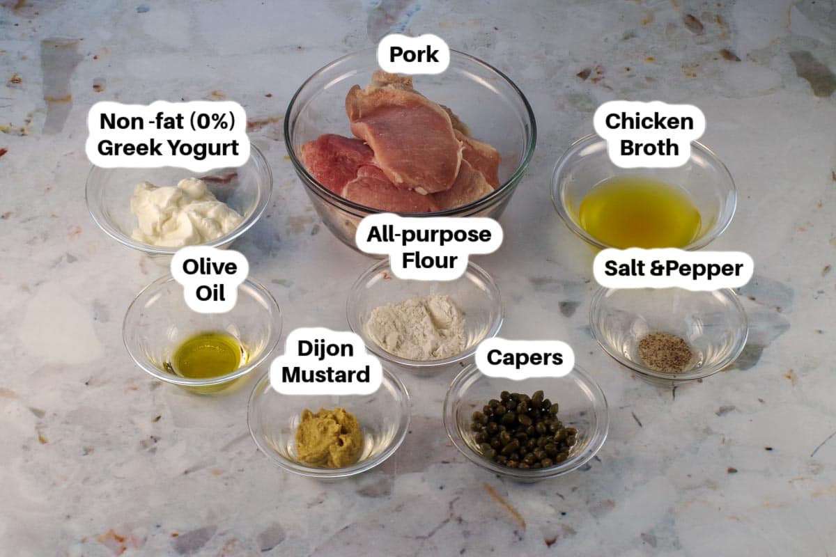 Ingredients in WW Pork with Creamy Mustard Sauce in glass bowls, labelled.