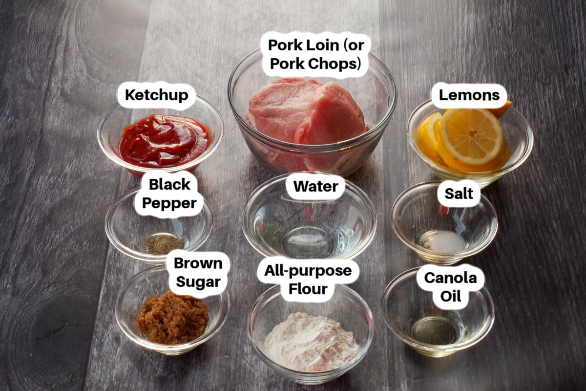 Ingredients for Baked Pork Loin in Tangy Sauce in glass bowls, labelled.